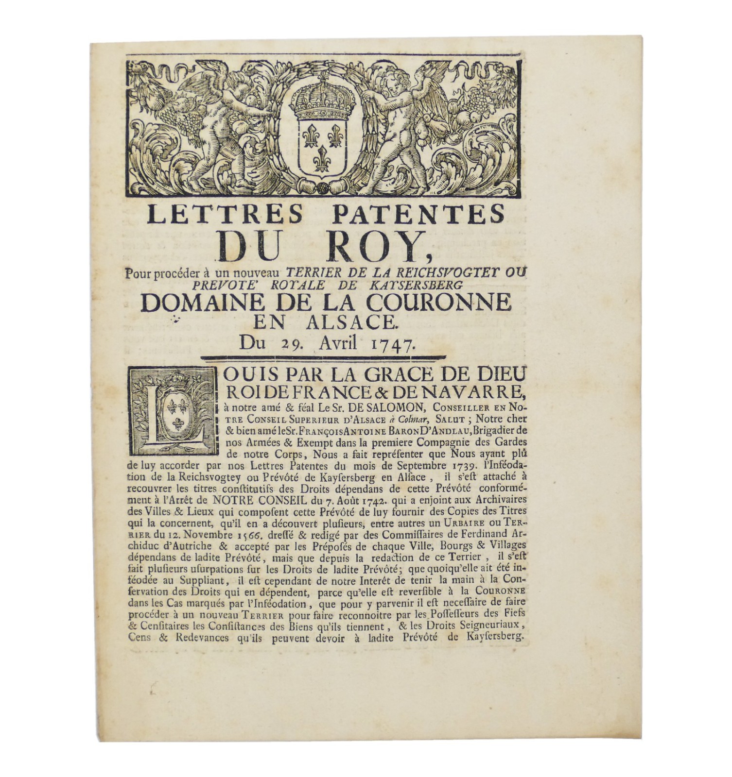 Lettres patentes du Roy, pour procéder à un nouveau Terrier de la Reichsvogter.