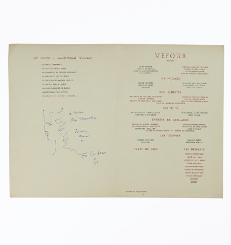[Menu] Grand Véfour. Dessin original de Jean Cocteau.