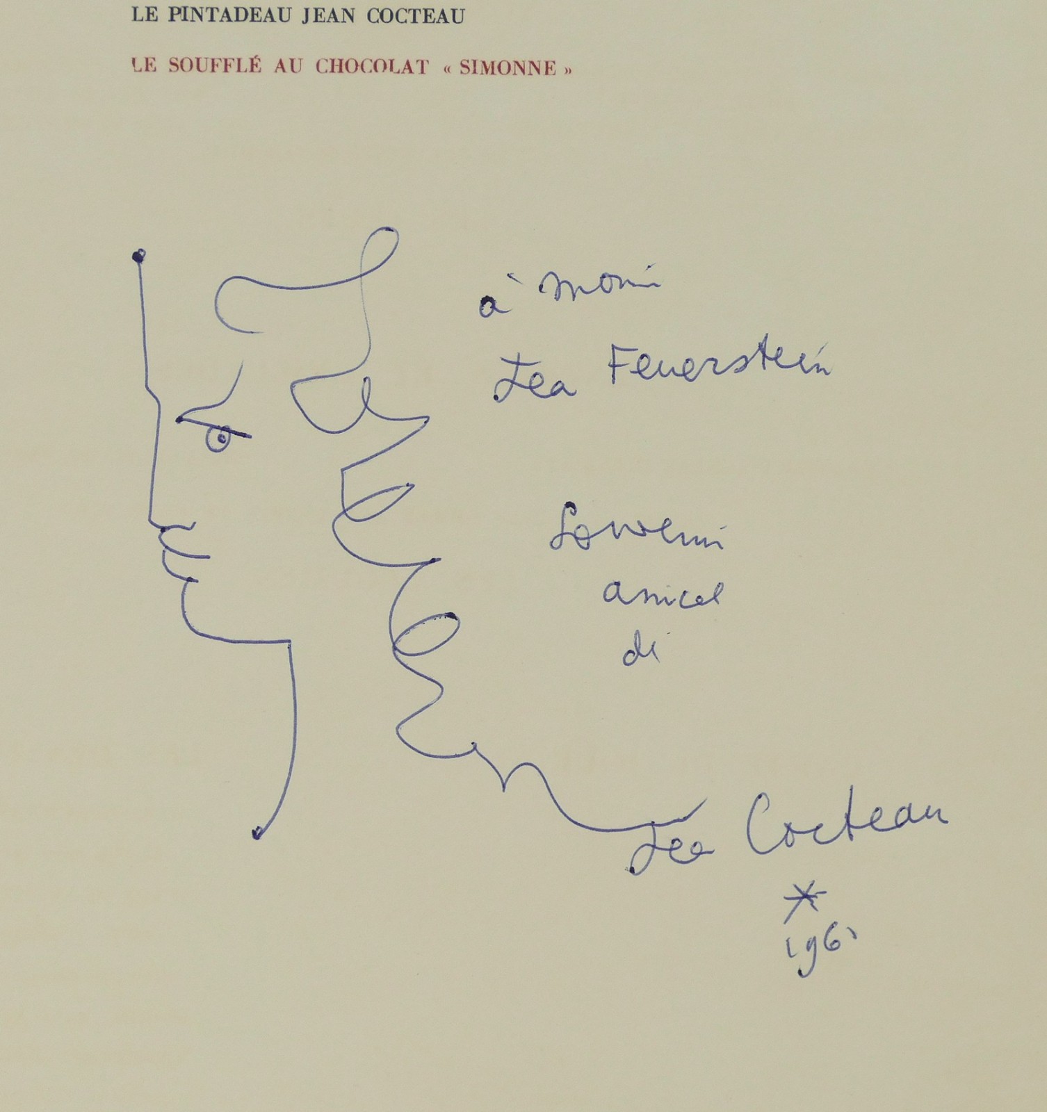 [Menu] Grand Véfour. Dessin original de Jean Cocteau.
