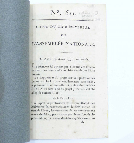 Suite du procès verbal de l'Assemblée Nationale. N°621. Du jeudi 14 avril 1791, au matin.